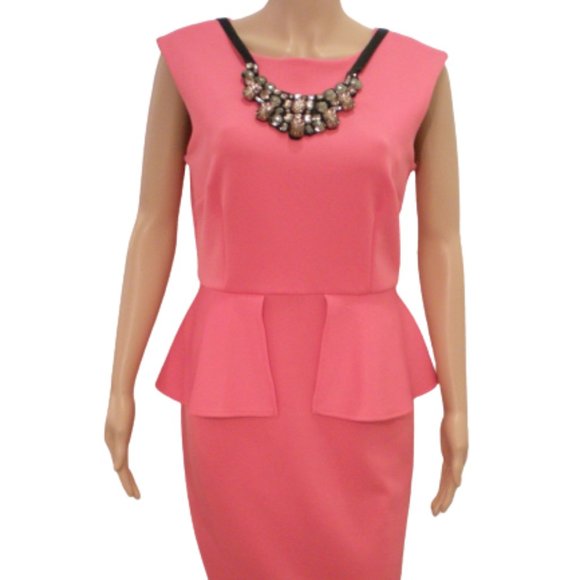 Lori Michaels Ponte Knit Peplum Cocktail Dress w/Bib Necklace NEW -Sz. Med - Picture 2 of 8